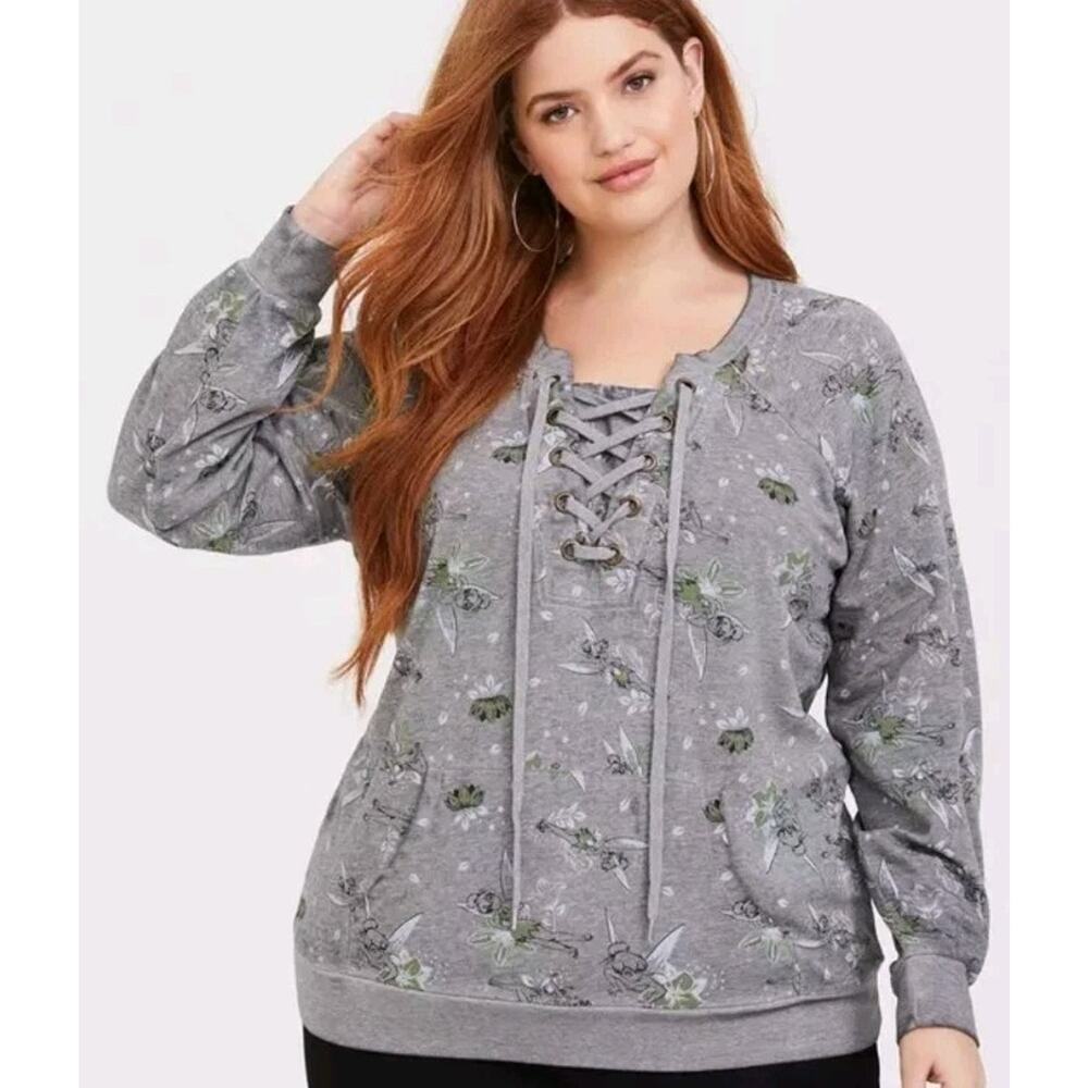 Torrid Disney Tinkerbell Floral Lace Up Sweatshirt RETIRED PRINT Sz 3 22/24 Grey